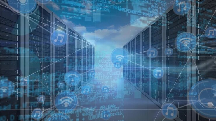 Animation of network of connections with icons and data processing over server room