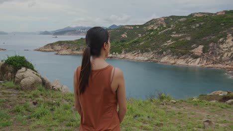 vista traseira de uma mulher desfrutando da paisagem marinha