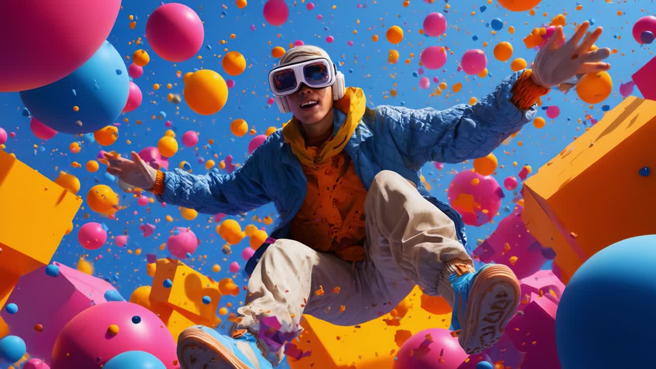 A youthful person joyfully immersed in a vibrant and colorful digital landscape, surrounded by floating geometric shapes and cheerful spheres, showcasing a sense of adventure and energy in an imaginative environment