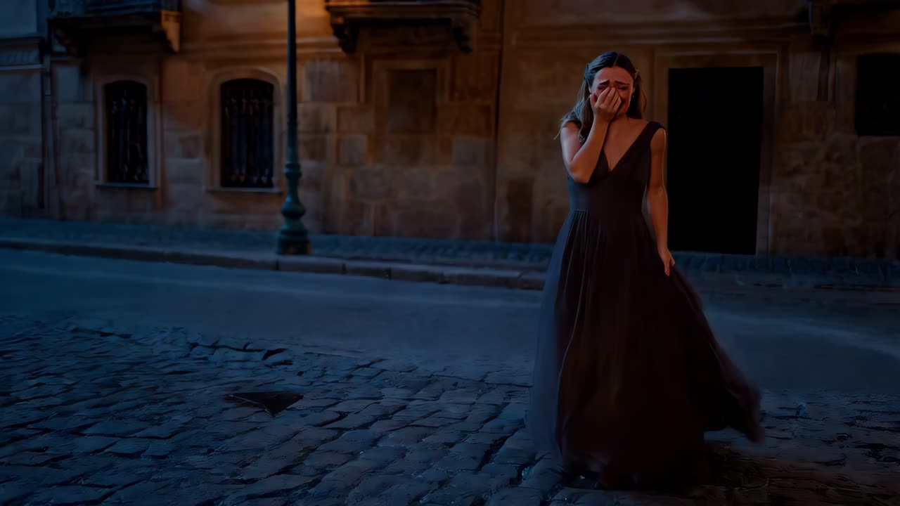 Donna che piange in una strada del centro storico di notte