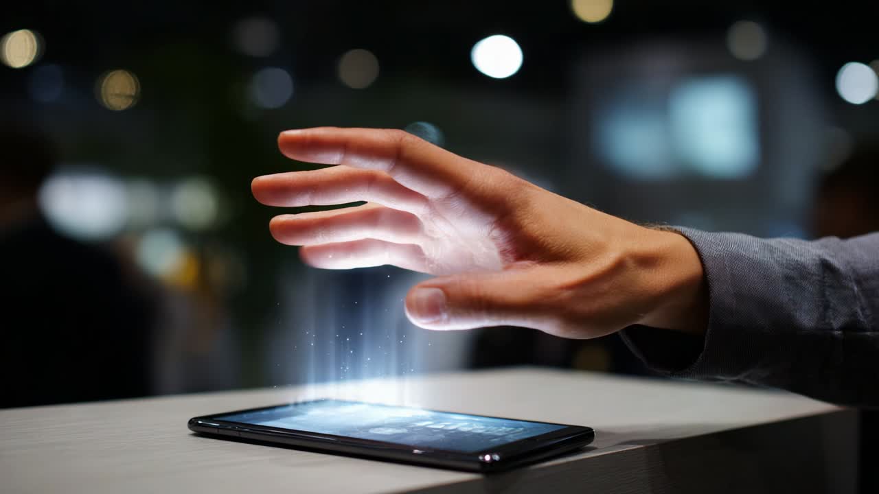 A captivating interaction between human and technology unfolds as a user reaches out to activate a smartphone, showcasing the magic of modern touch screens and holographic displays in a dynamic digital environment