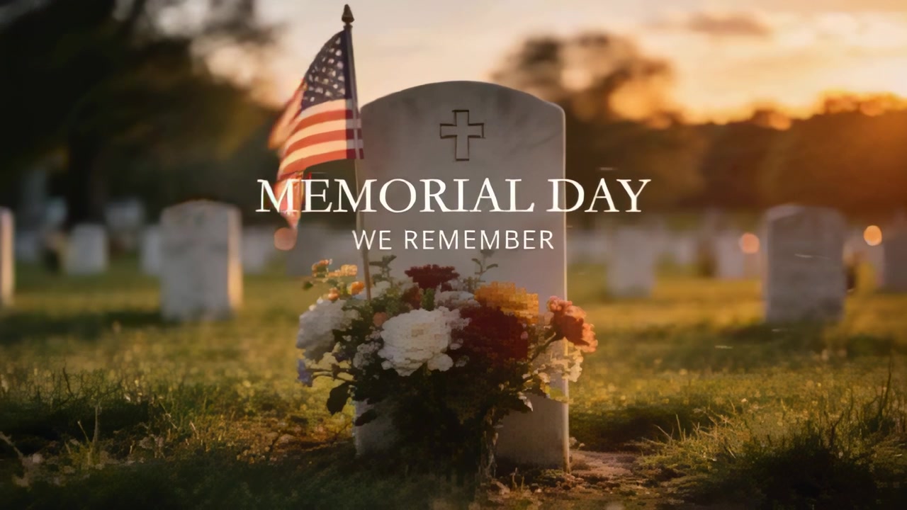 Low sun glowing grave with cross at military cemetery, flag, flowers moving honoring MEMORIAL DAY