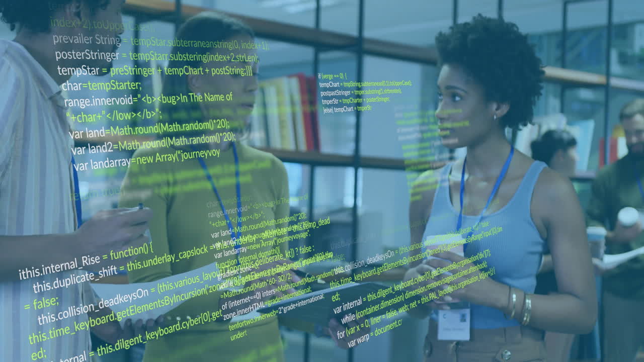 Computer code animation over diverse business people discussing in office
