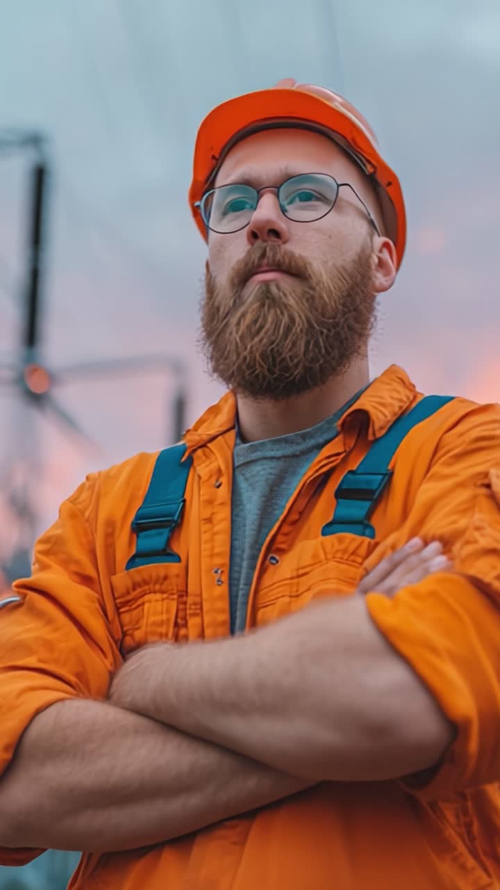 Ein stolzer Arbeiter in einer leuchtend orangefarbenen Uniform steht selbstbewusst in der Dämmerung und blickt mit Entschlossenheit und Fokus auf einer Baustelle in die Ferne.