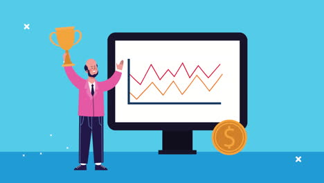 businessman lifting trophy and desktop animated