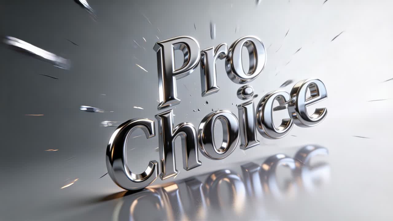 Sparks starting, chrome Pro Choice text ejecting shards in studio as lights intensifying highlights