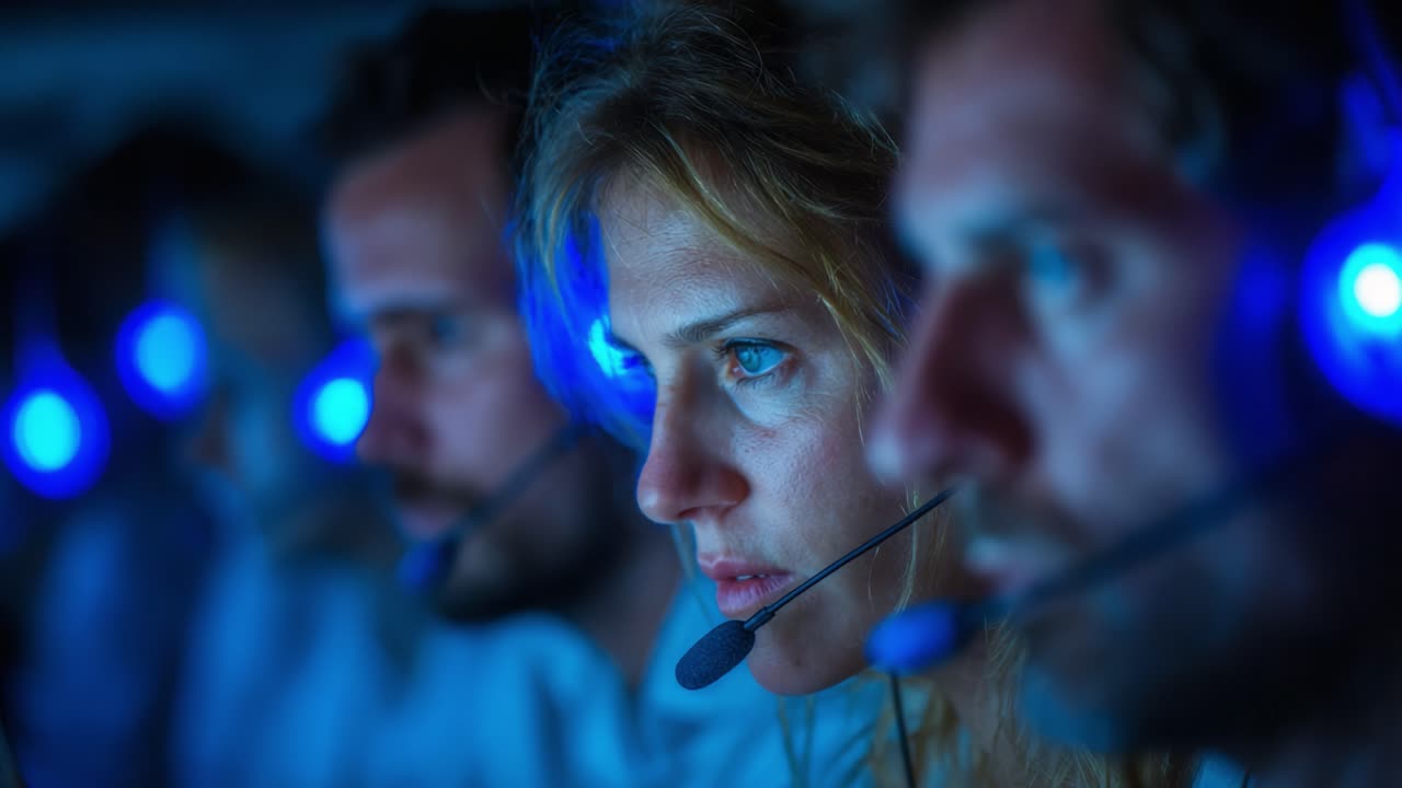 Focused individuals engaged in a serious task wearing headsets with blue lights, showcasing intense expressions and collaboration in a dimly lit environment