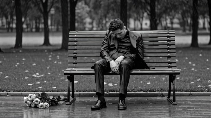 Lonely Man Sitting on a Park Bench in the Rain