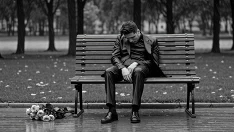 lonely man sitting on a park bench in the rain