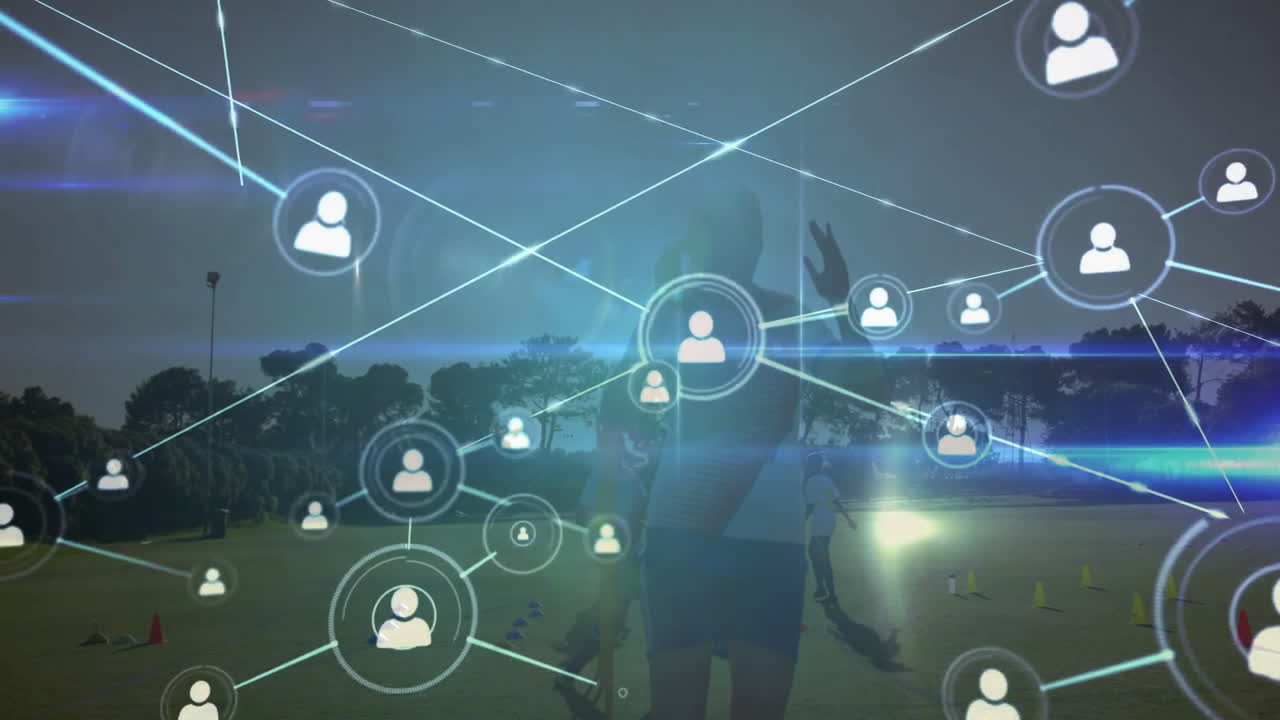 Network of connections and data processing animation over people playing golf