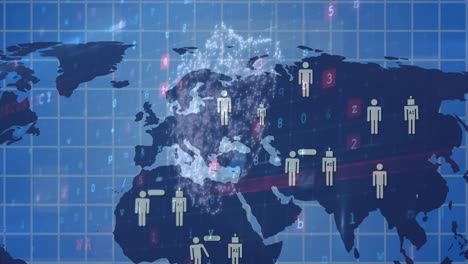 Animation-Eines-Netzwerks-Von-Menschen-Und-AI-Chat-Netzwerksymbolen-Auf-Der-Weltkarte-über-Einem-Sicherheitsvorhängeschloss