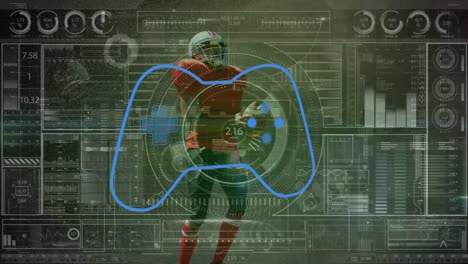 animación de un jugador de rugby afroamericano y icono de gampad sobre el procesamiento de datos.