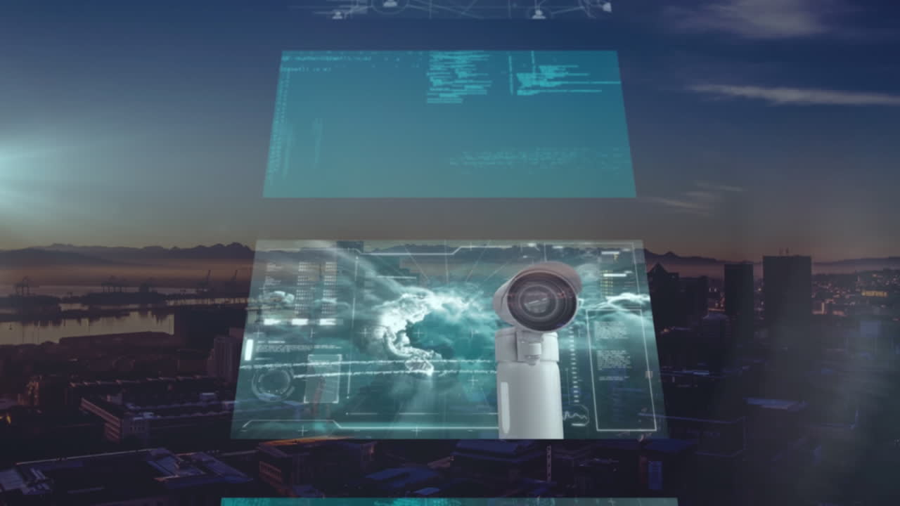 animación de la red de conexiones y procesamiento de datos sobre el paisaje urbano