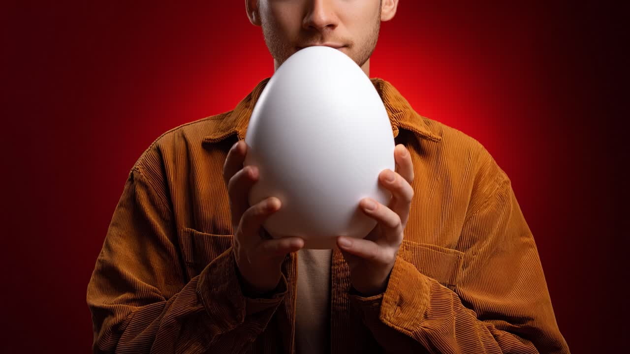 Et mystisk møte med et egg: Utforsker intriger, forventning og følelser gjennom reisen til en ung mann som holder et unikt, stort hvitt egg.