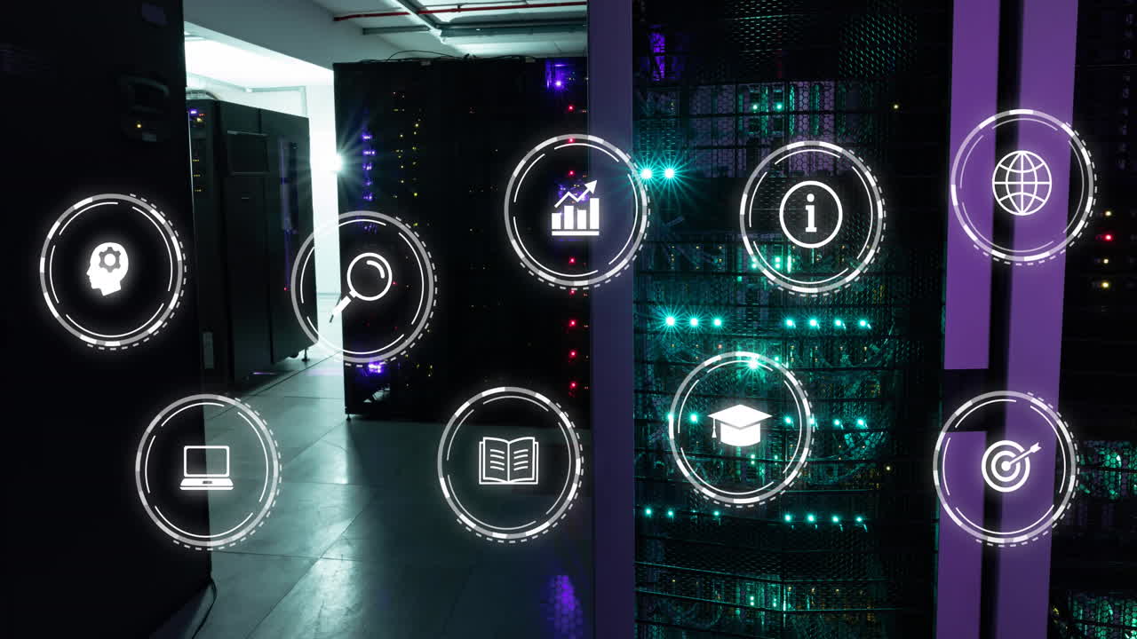 Animation of multiple digital icons against computer server room