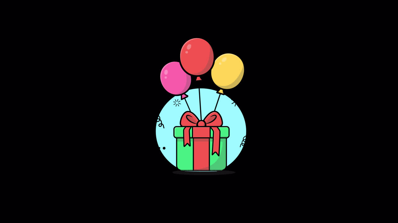 Scatola regalo animata con palloncini colorati e coriandoli