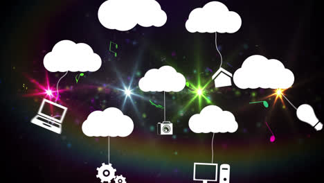 animation of clouds and digital icons over clouds digital clouds in electronic devices