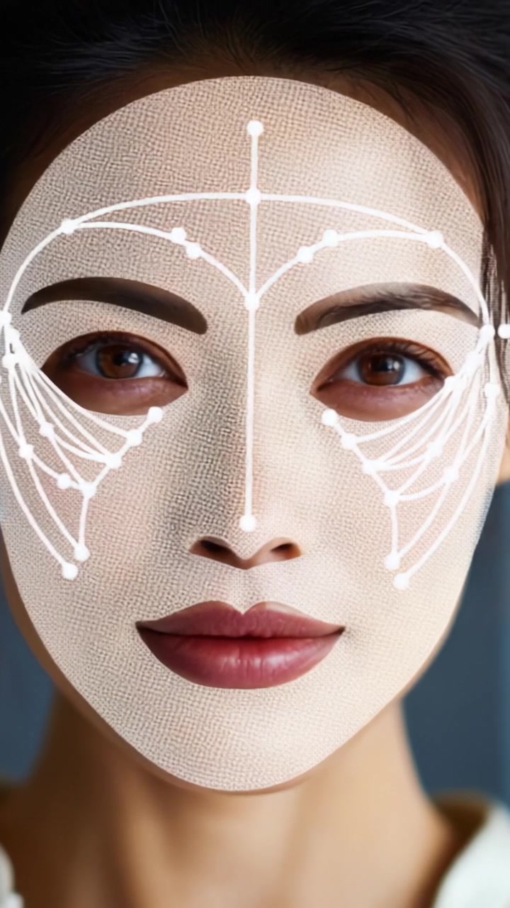 En rejse gennem innovativ ansigtsplejeteknologi, der viser en smuk models transformative hudplejerutine med højteknologiske ansigtsmapping-visualiseringer