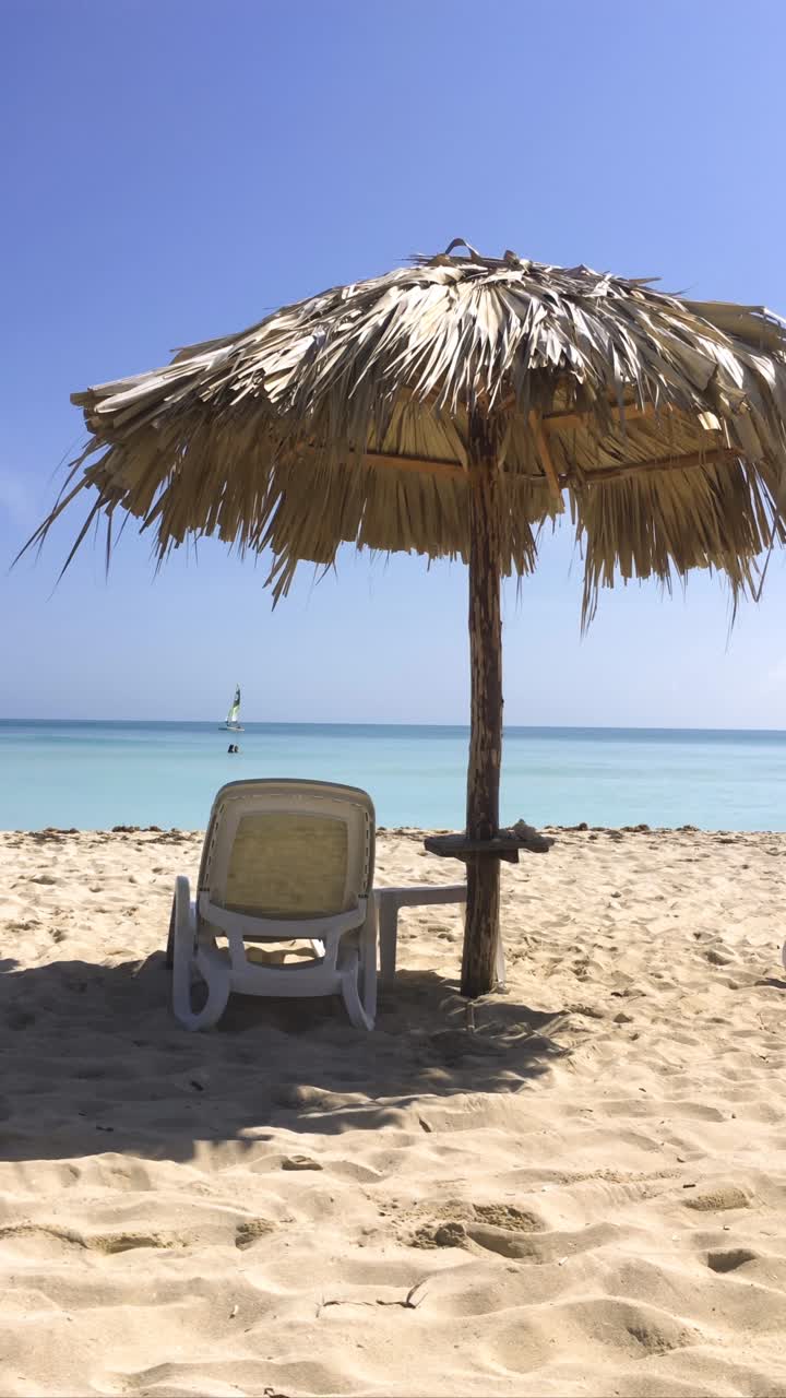 Straw beach umbrella, vacation under blue sky in slightly cloudy day, white sunbed in shade,vertical video