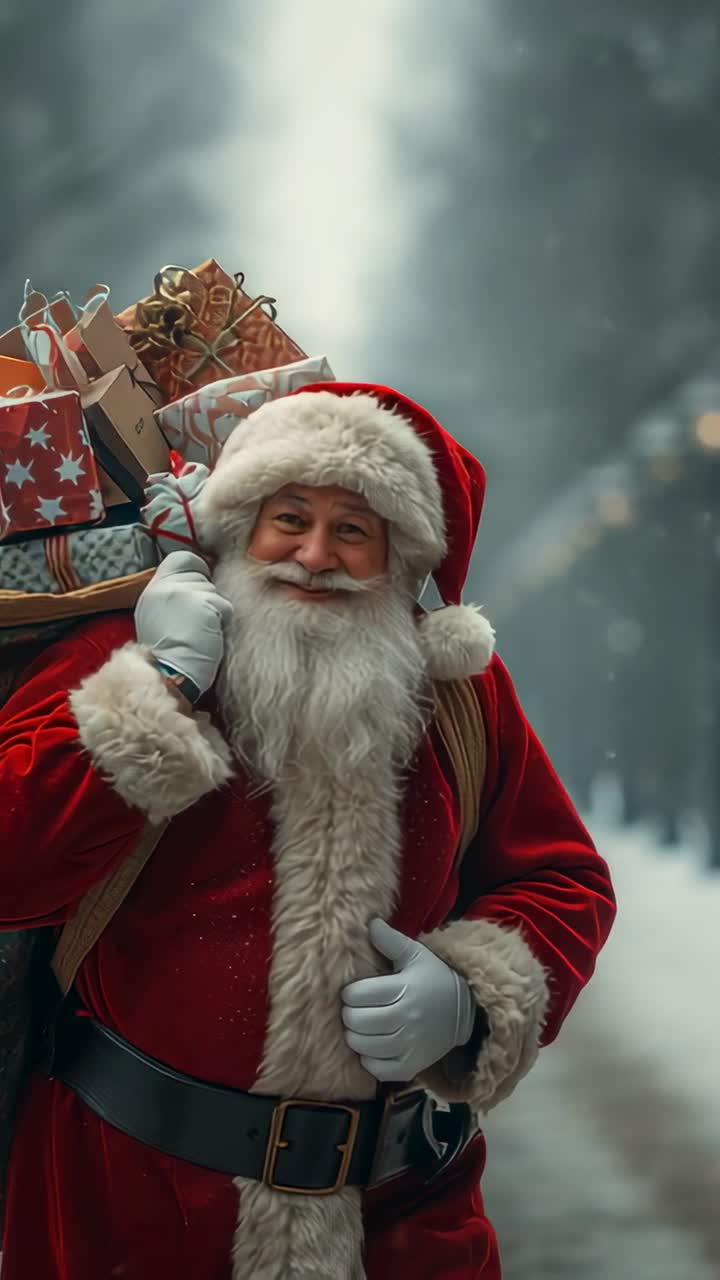 Vertical video: Smiling Santa in red coat holding sack, walking snowy ...