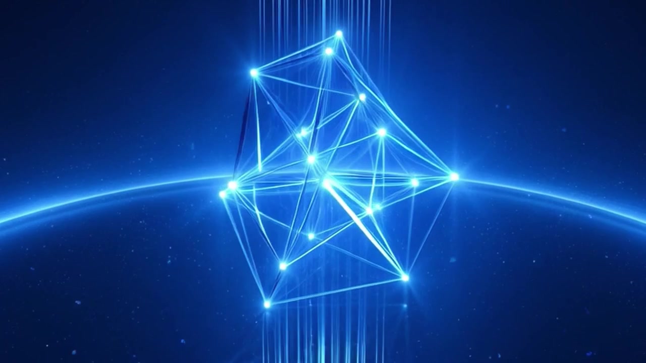 Glowing Geometric Network Structure Rotating Above Earth in Space