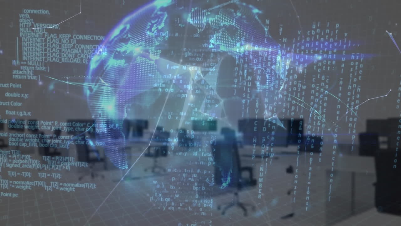 세계를 형성하는 플렉서스 네트워크의 애니메이션과 빈 사무실에 대한 데이터 처리