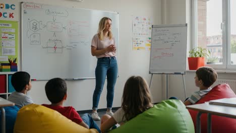 engaging classroom presentation on blockchain technology: a teacher explains concepts to curious students in a vibrant learning environment