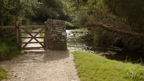 disparo de una puerta a mitad de camino a través de la caminata dovedale con la paloma del río en el lado derecho