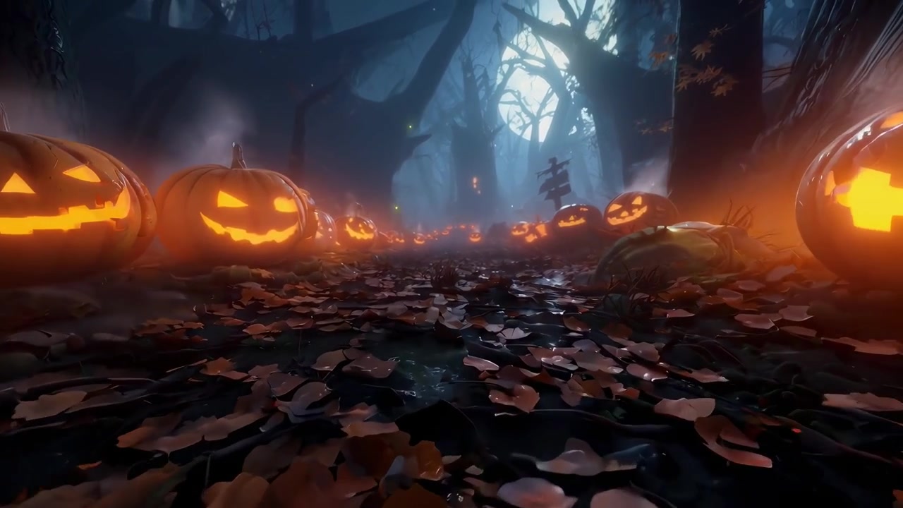 Jack-o'-lantern luminose che fiancheggiano un sentiero in una foresta oscura e infestata