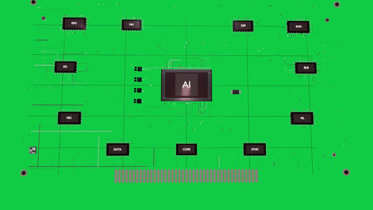 AI module pulse revealing traces, lighting chips, zooming out to show system on transparent canvas