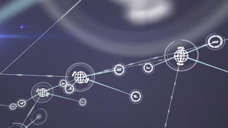 animación de una red de iconos digitales sobre un punto de luz contra un fondo azul