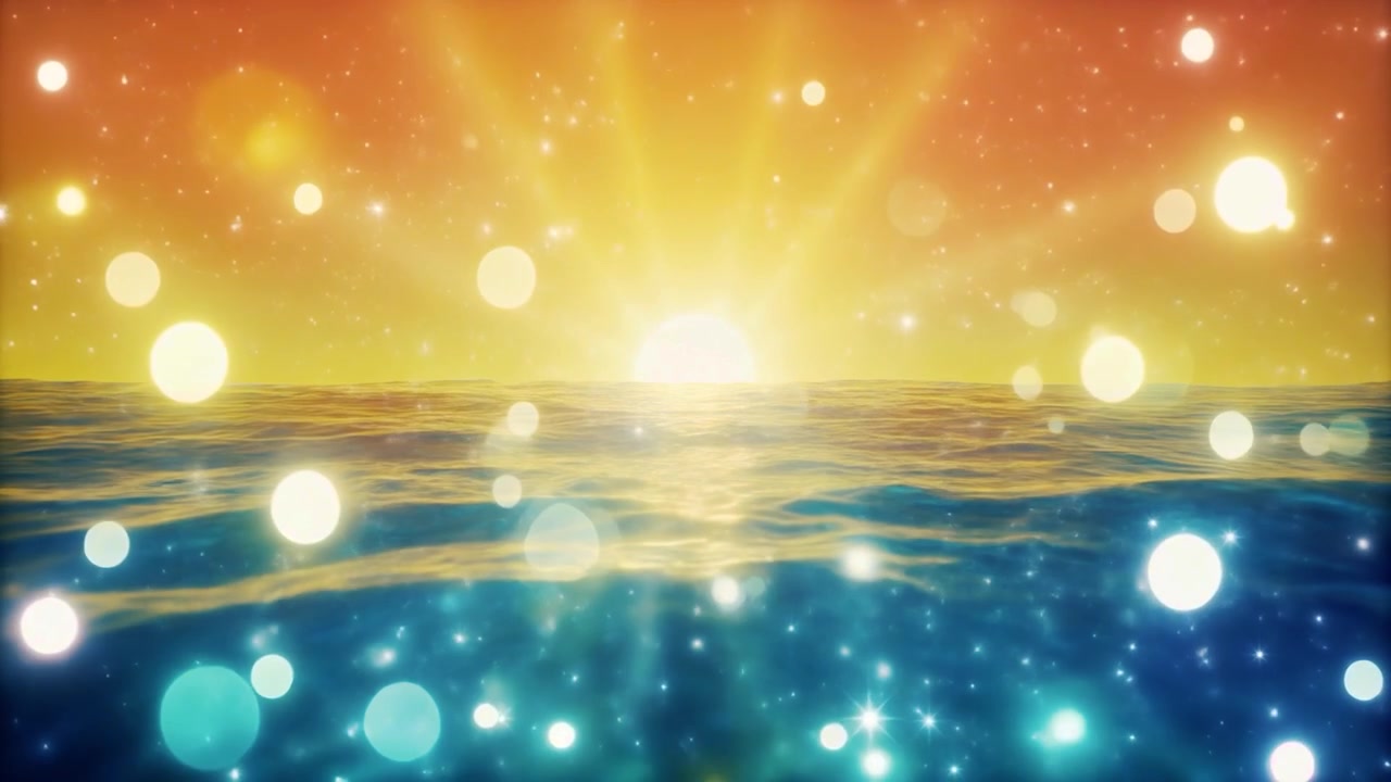 金色日落映照閃爍海浪，伴隨散景光效