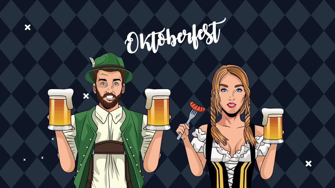 animación de celebración de oktoberfest feliz con alemania pareja bebiendo cervezas