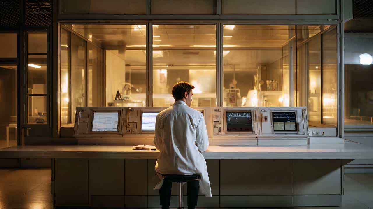 A scientist in a lab coat is seated in front of a control panel, gazing intently at multiple screens displaying data, surrounded by a high-tech laboratory environment filled with lights and reflective surfaces