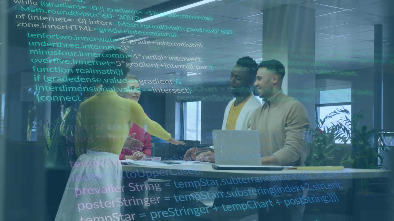 Animation of financial data processing over diverse business people