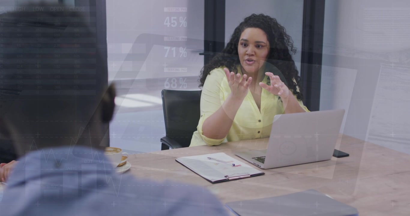 Animation of financial data processing over diverse group of female students studying