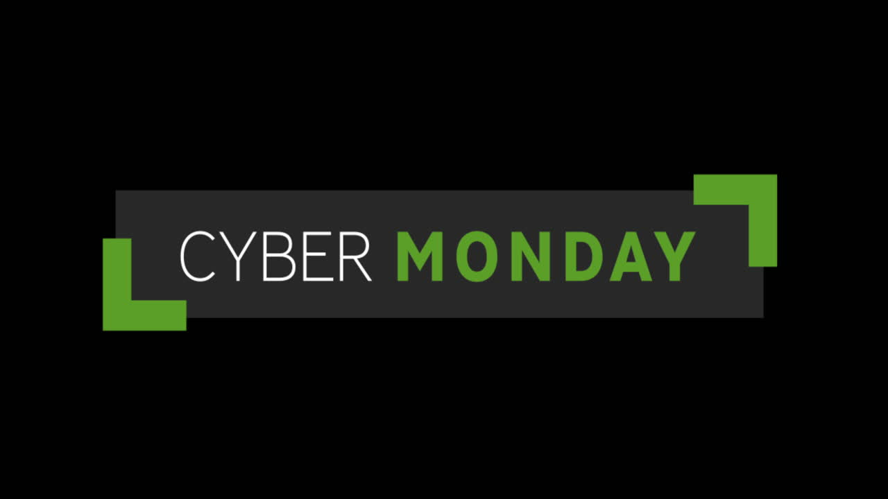 texto blanco y verde de cyber monday que aparece contra una pantalla negra 4k