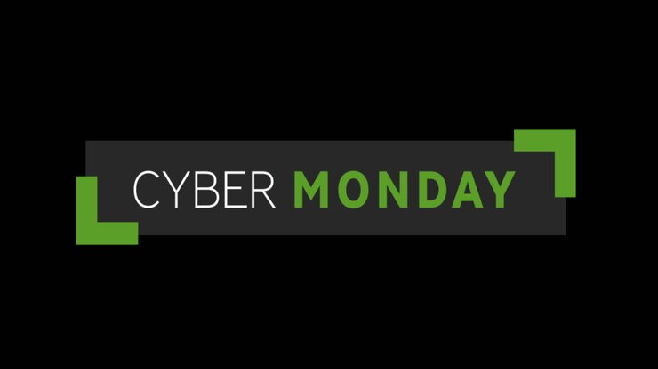 Hvid og grøn Cyber Monday tekst vises på sort skærm i 4K