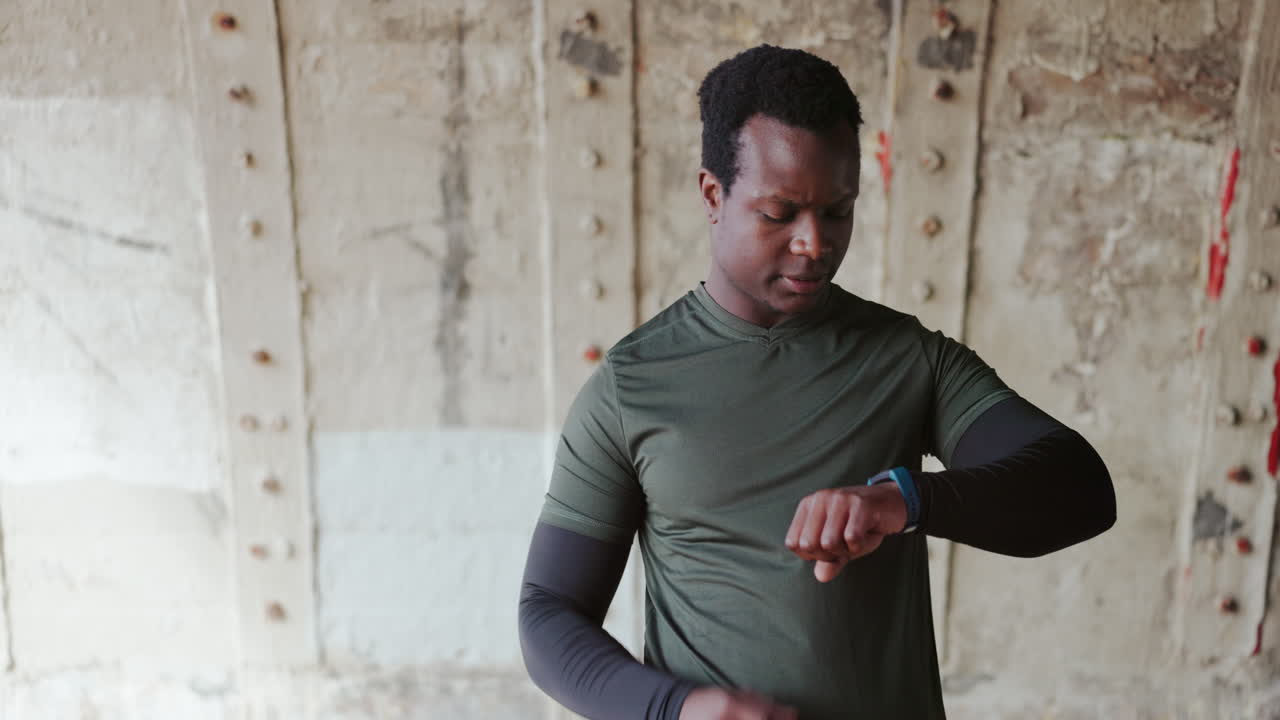 Scroll, smart watch and man check health stats