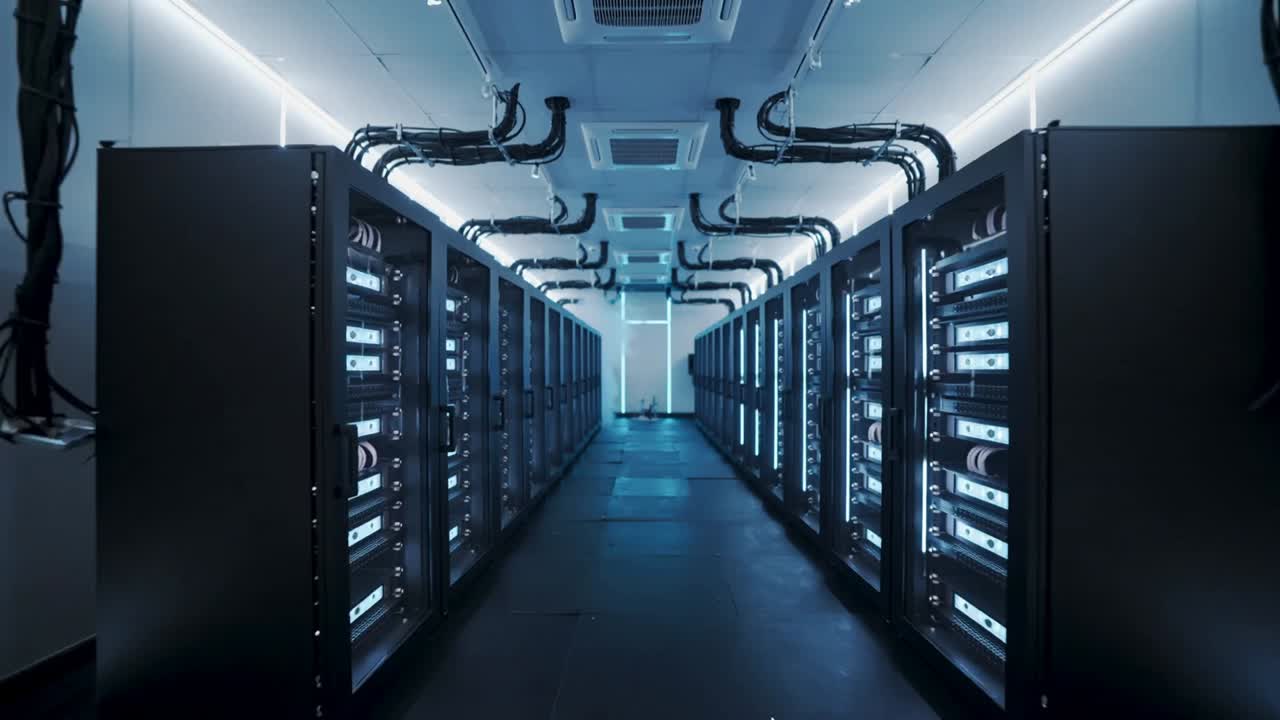 Pushing camera moving slowly down long server aisle at data center, revealing cart and vapor