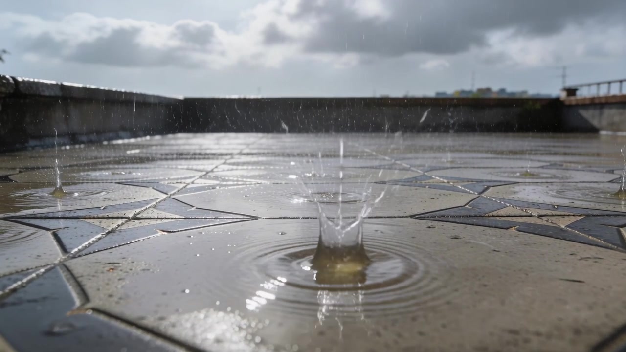 Capturing patterned tile terrace getting steady rain from clouds on rooftop, ripples, puddles
