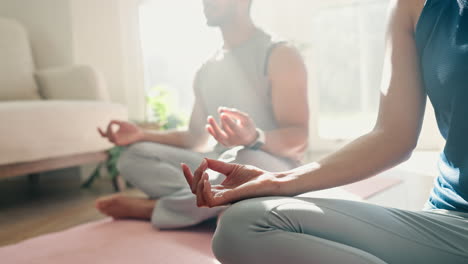 yoga, lotus hands and couple for home meditation