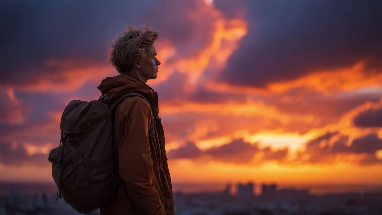 Una figura solitaria guarda verso l'orizzonte vibrante, rapita da un tramonto mozzafiato che dipinge il cielo di sfumature arancioni e viola, evocando un senso di meraviglia e riflessione.
