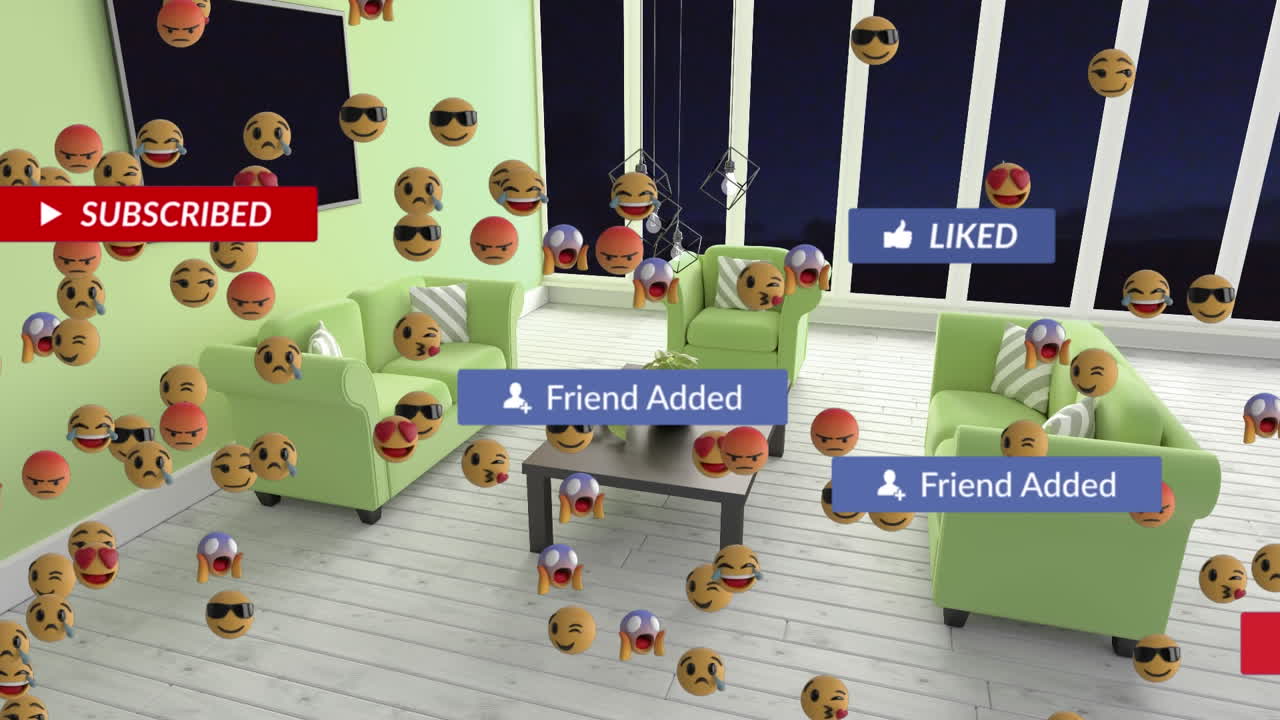 거실 인테리어 위에 텍스트와 이모지 아이콘을 가진 소셜 미디어 아이콘의 애니메이션