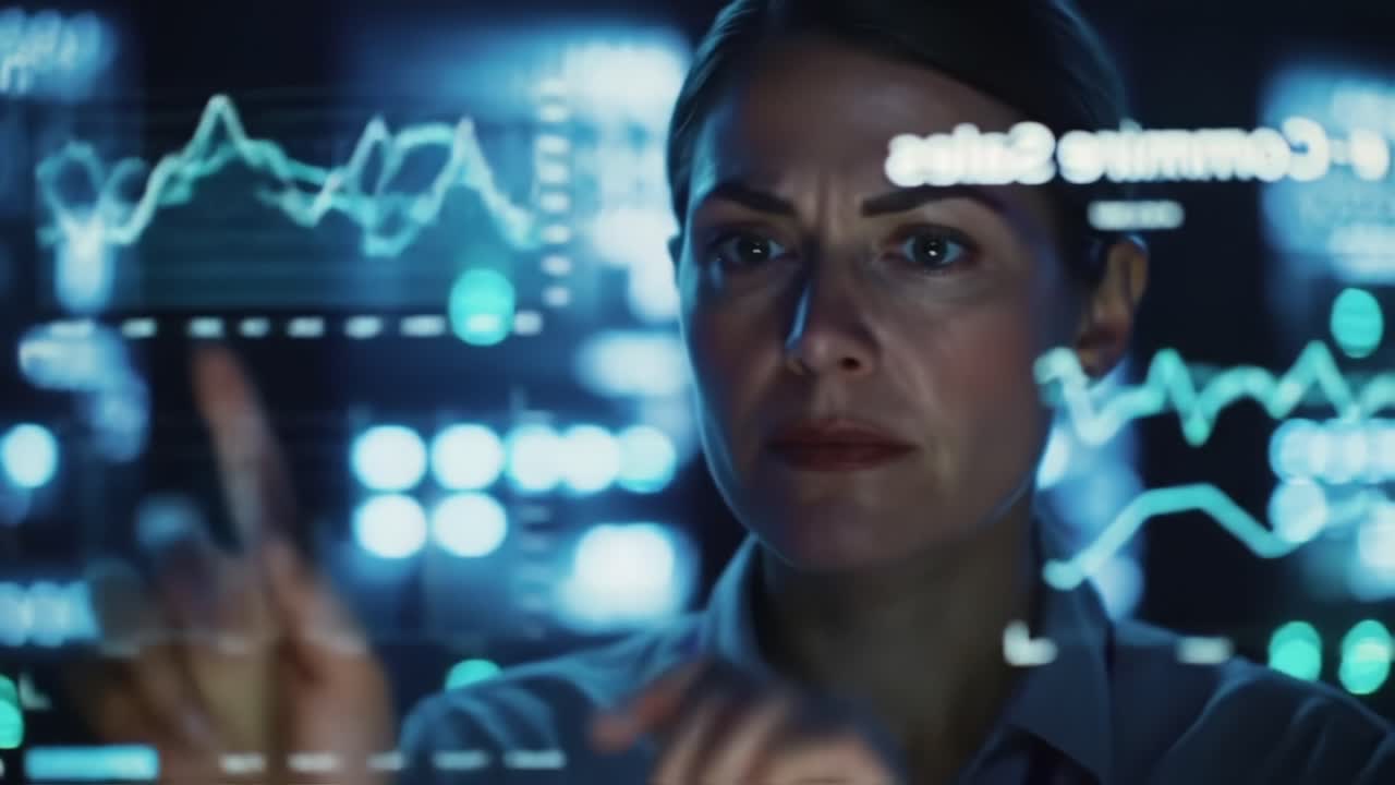 A focused professional analyzing complex data visualizations, leveraging advanced technology to interpret analytics and insights for informed decision-making in a digital environment