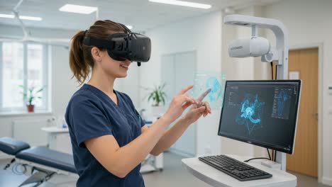 a medical professional engages with advanced virtual reality technology for enhanced patient care in a modern clinic setting, demonstrating innovative medical applications