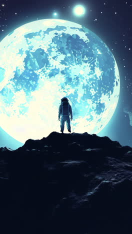 a man in a spacesuit stands on a rocky hillside, looking up at a large blue moon. the scene is peaceful and serene, with the man appearing to be in awe of the beauty of the moon