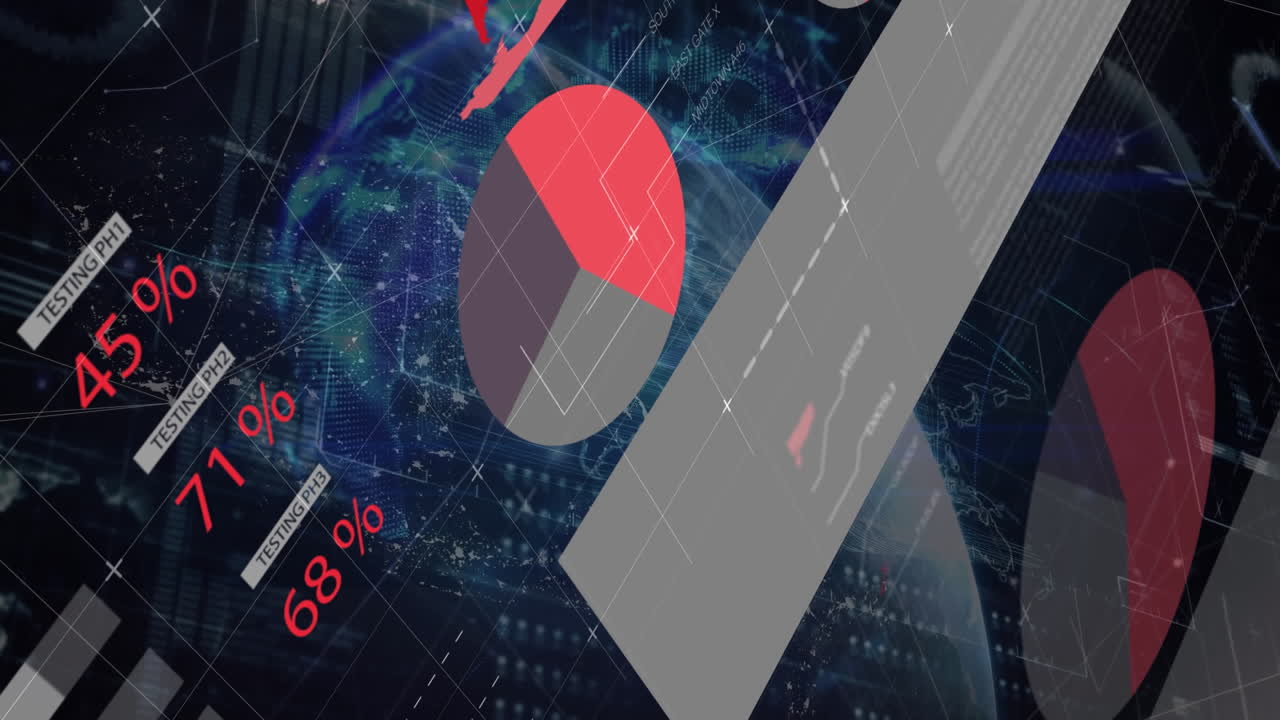 Animation of infographic interface over connected dots forming shapes, globe and map