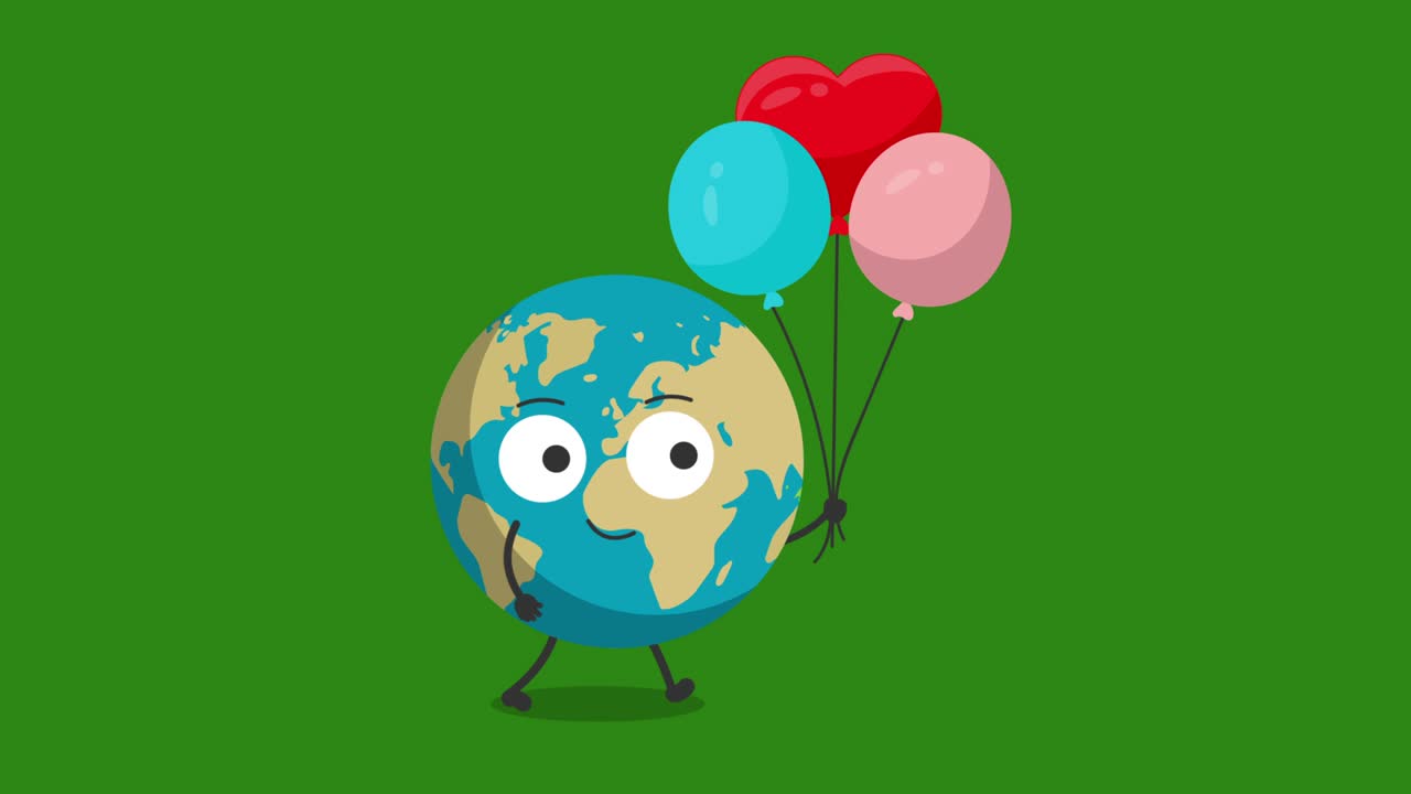 귀여운 지구 캐릭터와 생일 풍선 애니메이션
