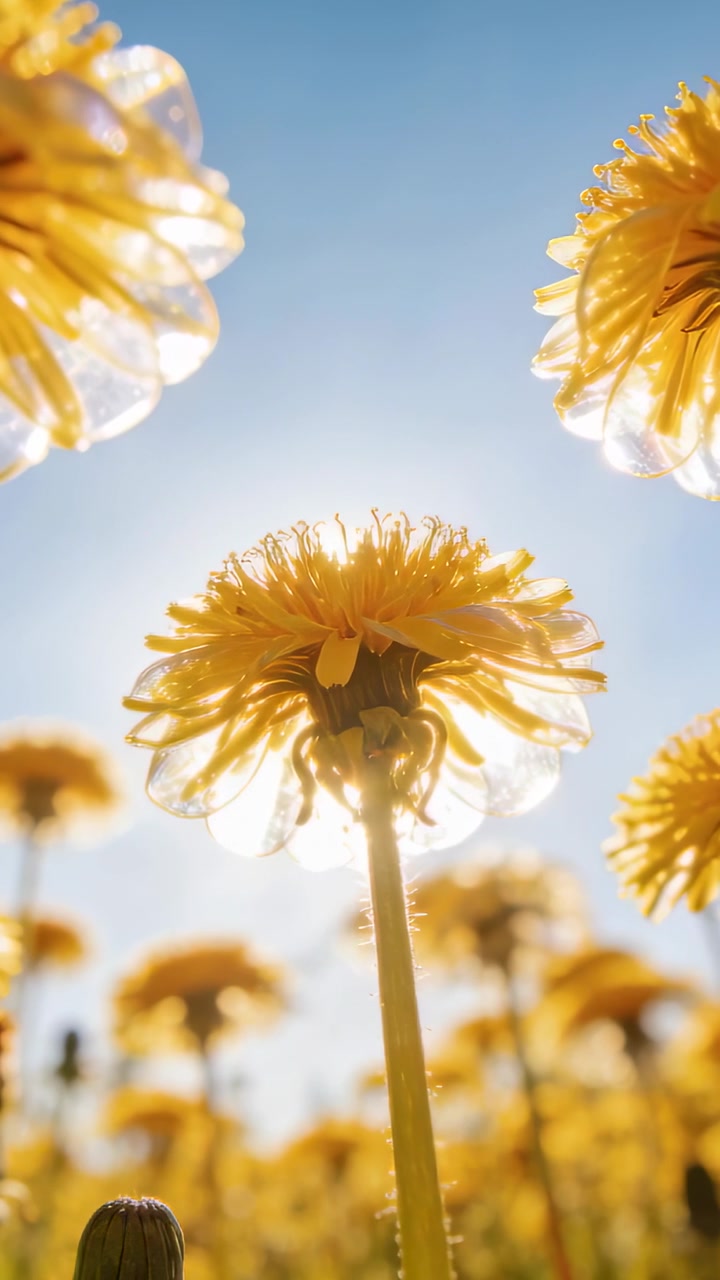 Video verticale: Riprese di petali solitari di dente di leone giallo che reagiscono al sole che si sposta sull'angolo del campo, con un bocciolo.